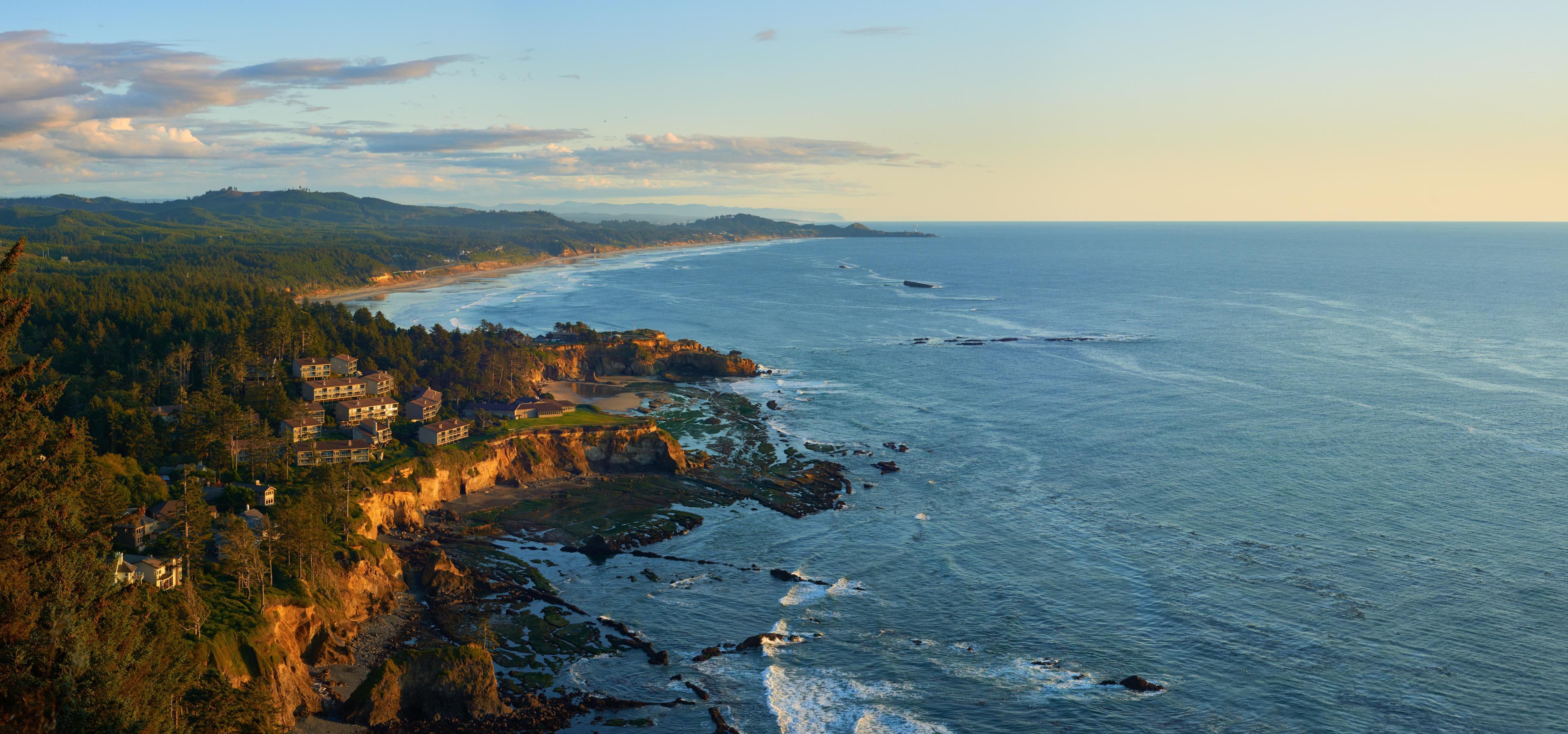 Panoramic view of the Oregon coastline at sunset near Lincoln City.