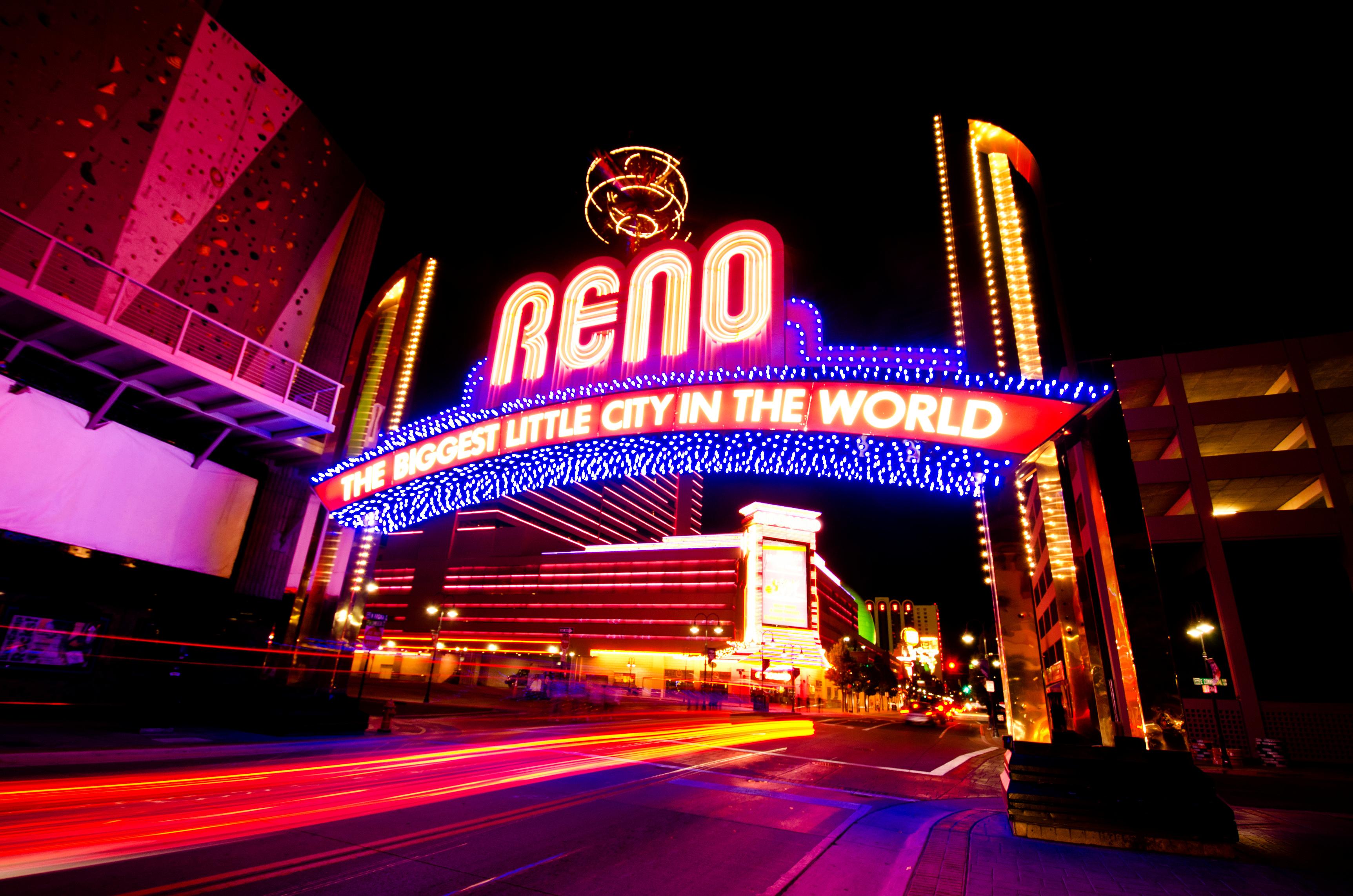 Neon Biggest Little City sign at night in Reno, Nevada